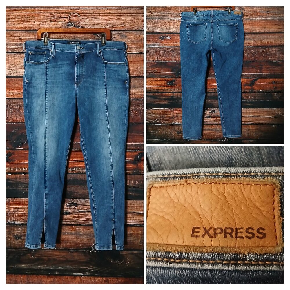 Express Jeans 18 Mid Rise Legging Seamed Slit Ankle Blue Denim Stretch